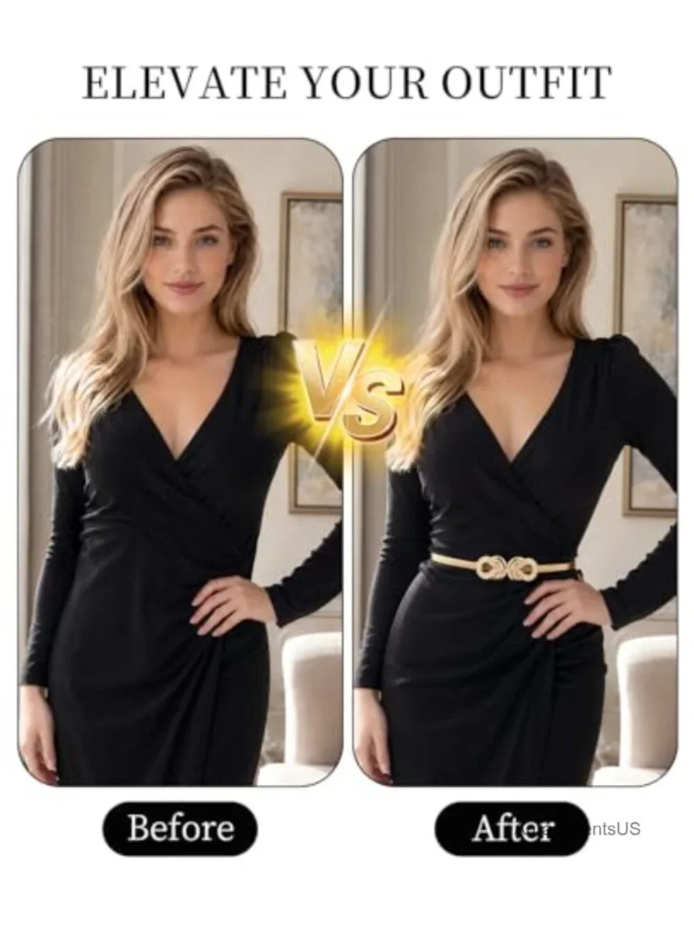 3pk Gold Metal Stretch Belt for Dresses, Thin Elastic Waist Belt